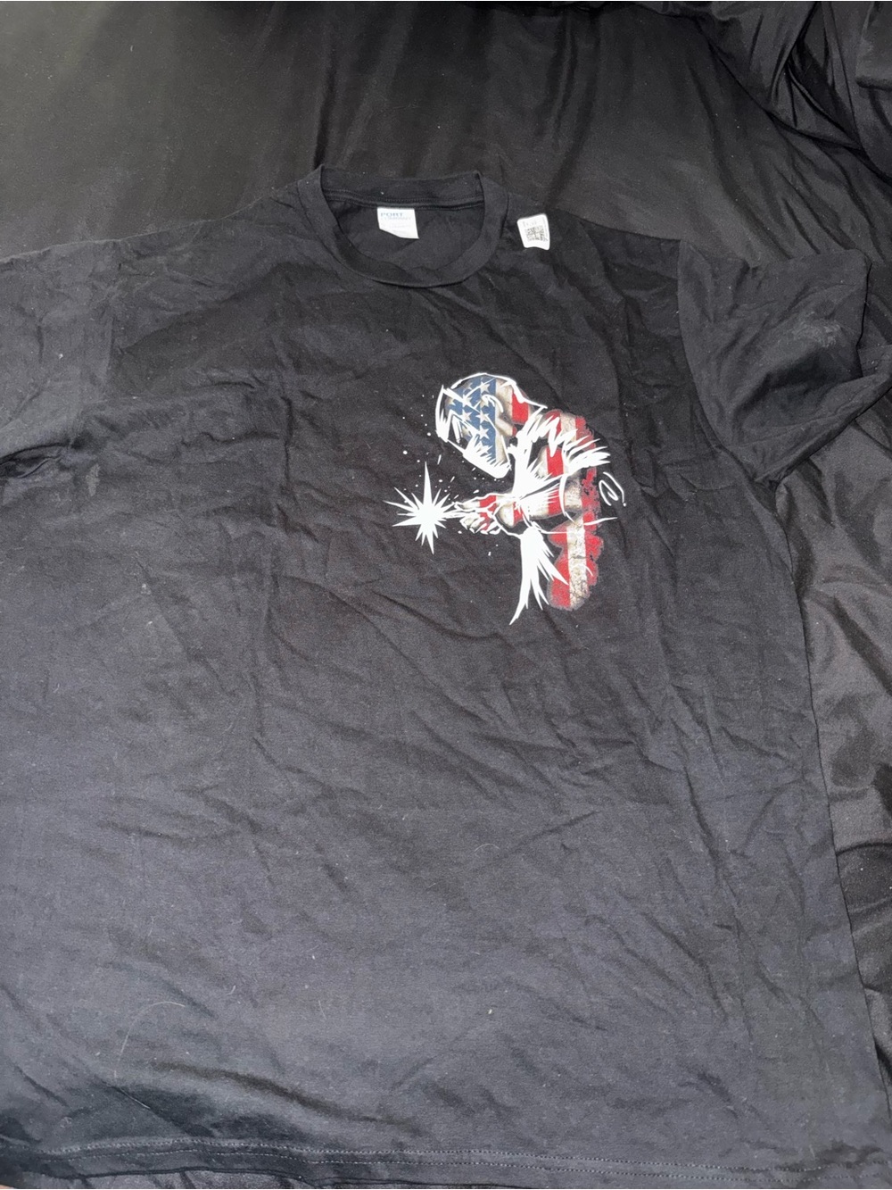 Men's Black Graphic T-Shirt with American Flag Welding Design